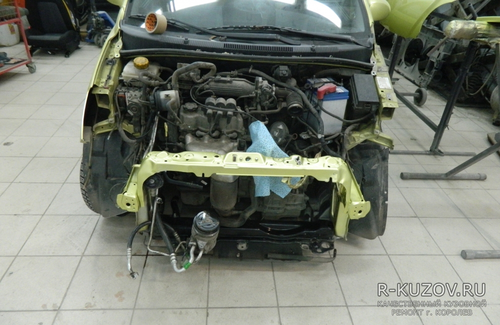 Chevrolet Spark (Шевроле Спарк) / Кузовной ремонт последствий удара в переднюю часть автомобиля. / СТО Р-Кузов / ремонт